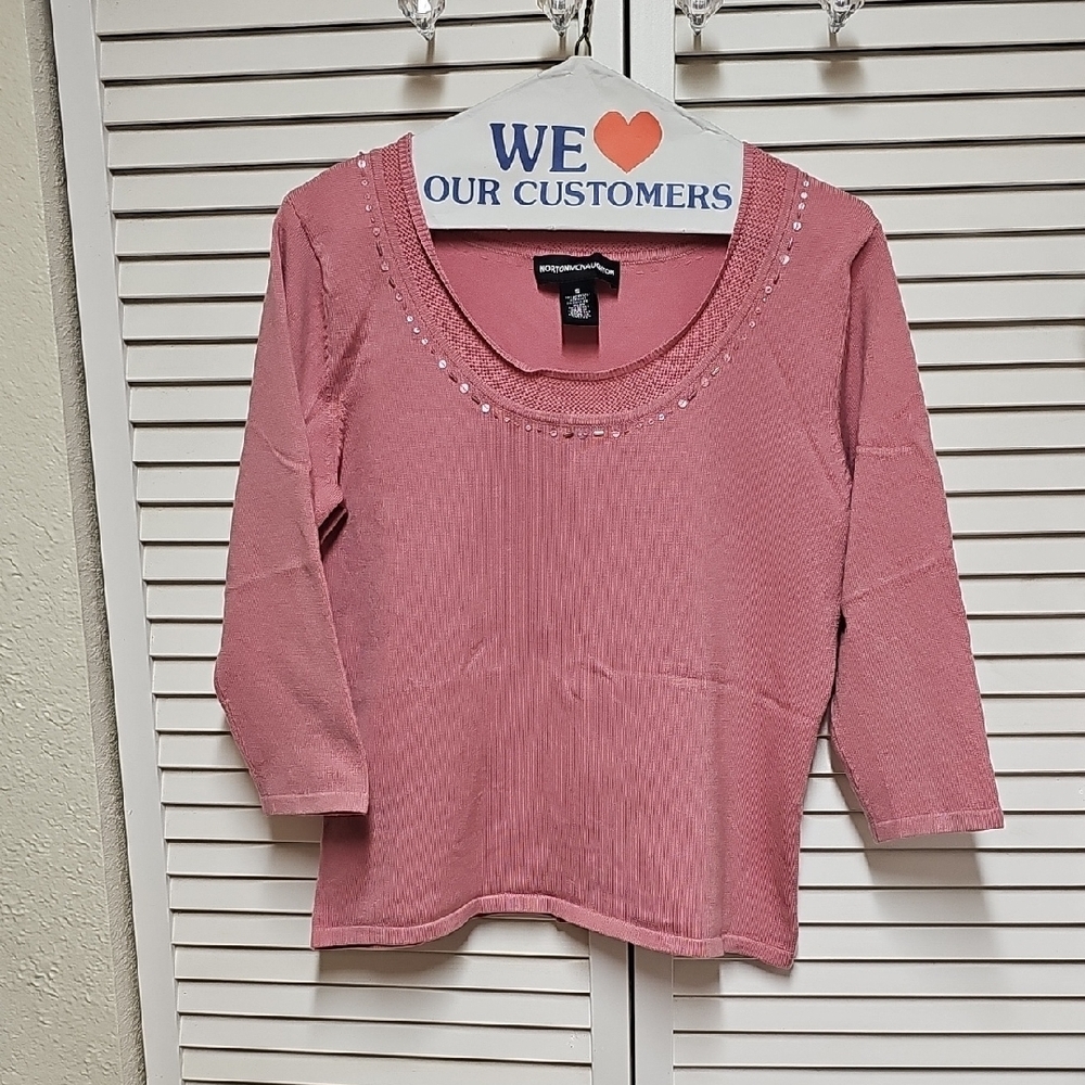 EUC Norton McNaughton Beaded Scoop Neck 3/4 Length Sleeve Knit Top Mauve Sz S